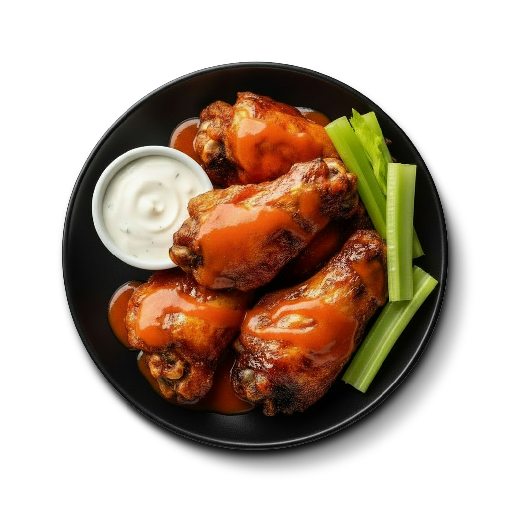 Plate of buffalo chicken wings, ranch and celery from Mac + Cheese Kitchen